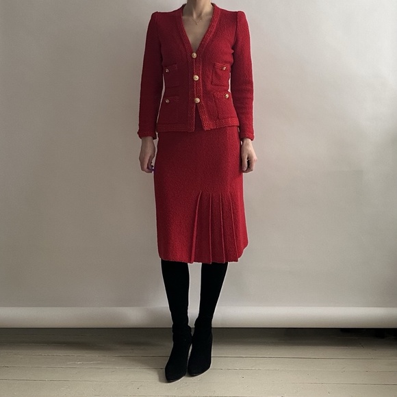 Adolfo Jackets & Blazers - Vintage 80's Designer Adolfo Red Bouclé Wool Set with Lady Jacket & Skirt